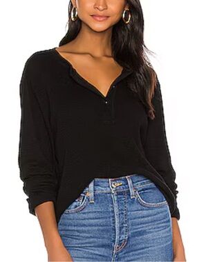 Re/Done Thermal Waffle Cotton Henley in Black Size Small